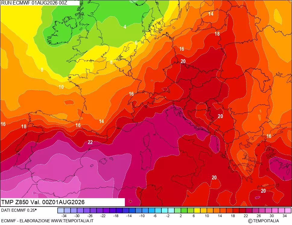 mappa 850 hPa Temp
