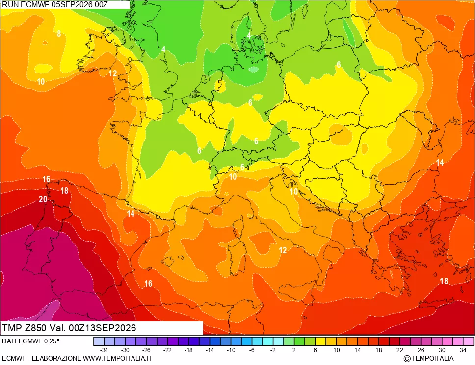 mappa 850 hPa Temp