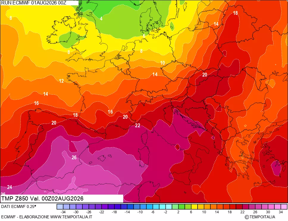mappa 850 hPa Temp