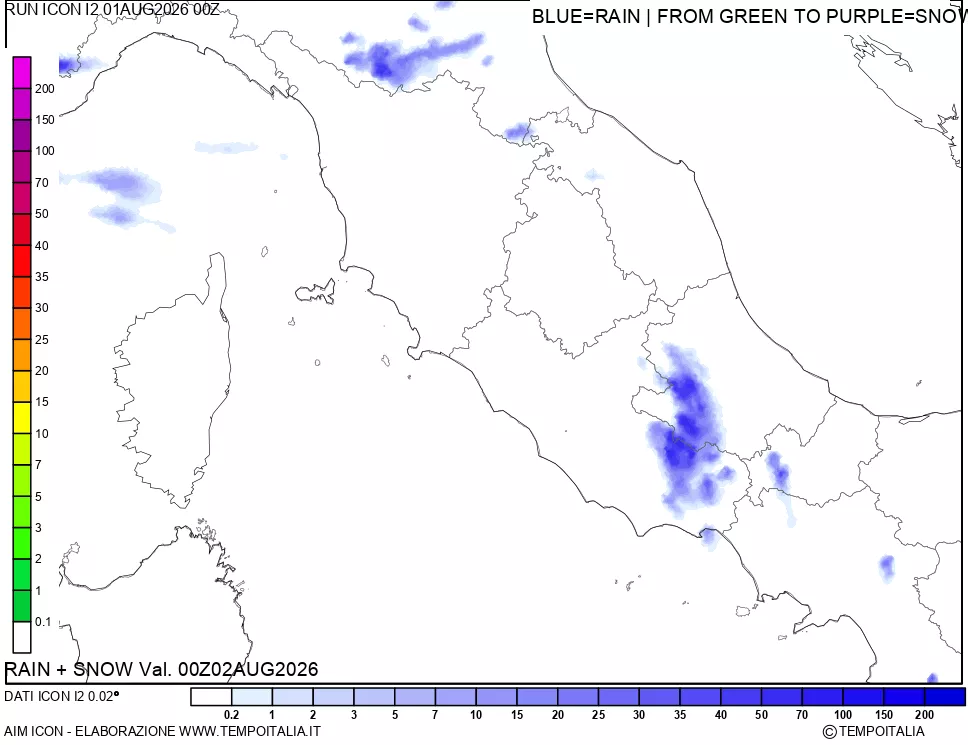 mappa Precipitazioni totali e nevose 24 ore precedenti