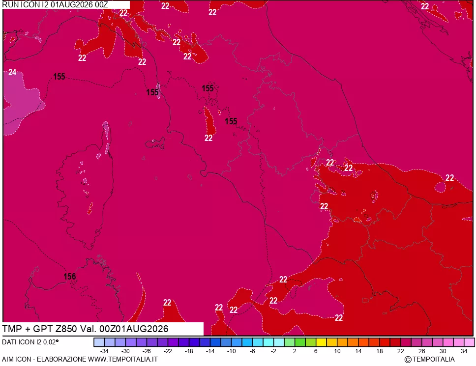 mappa 850 hPa Temp + GPT