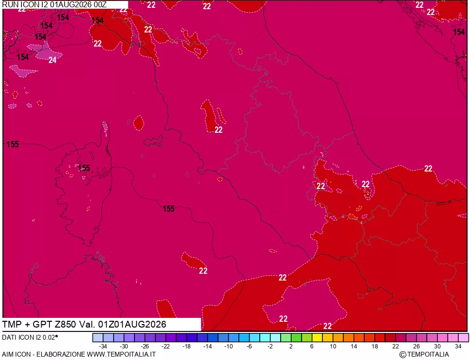 mappa 850 hPa Temp + GPT
