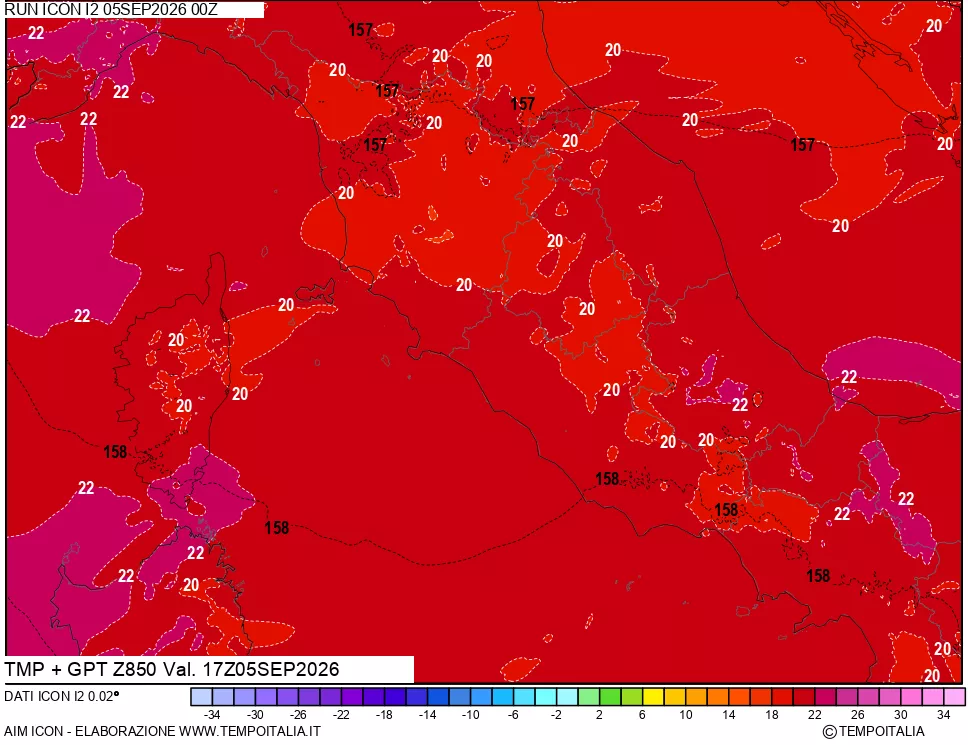 mappa 850 hPa Temp + GPT