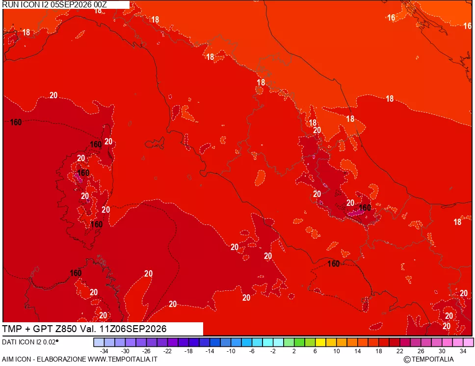 mappa 850 hPa Temp + GPT