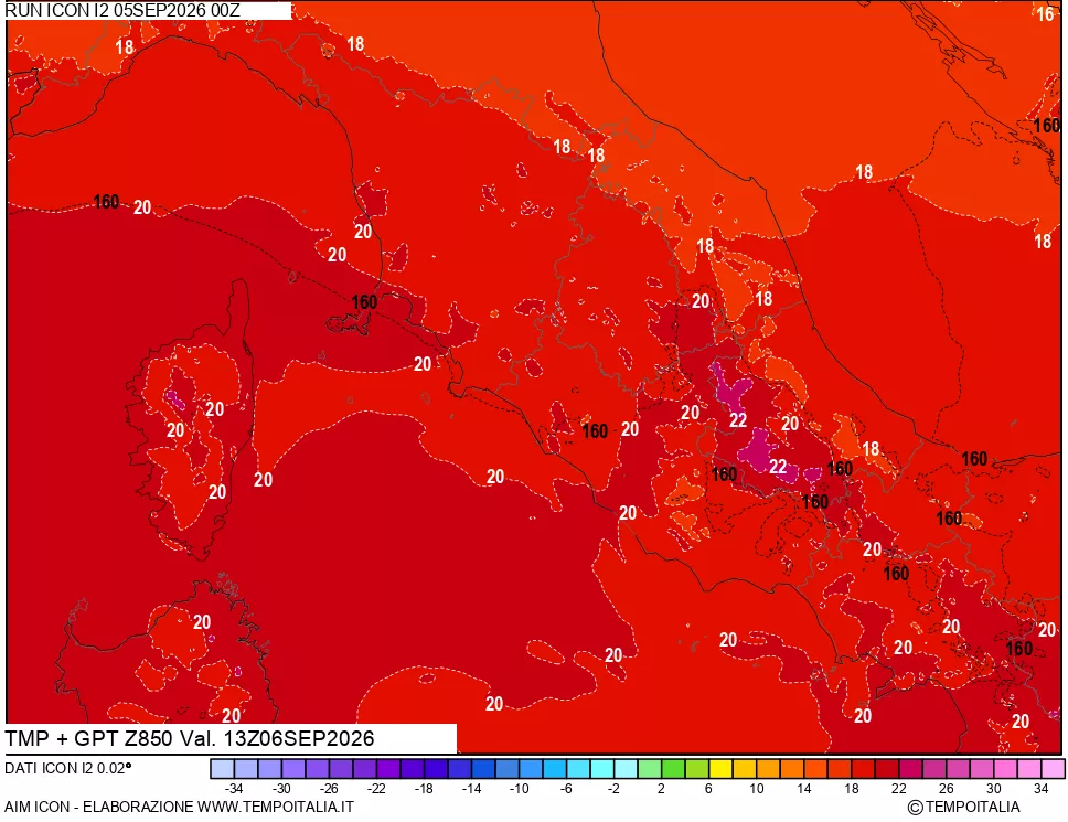 mappa 850 hPa Temp + GPT