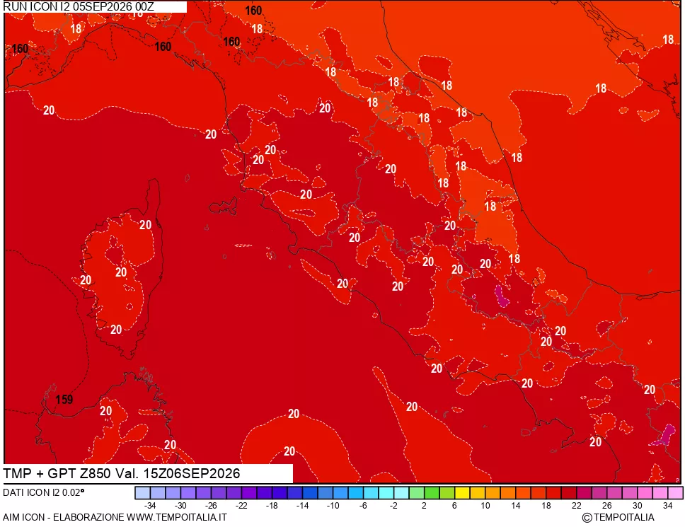 mappa 850 hPa Temp + GPT