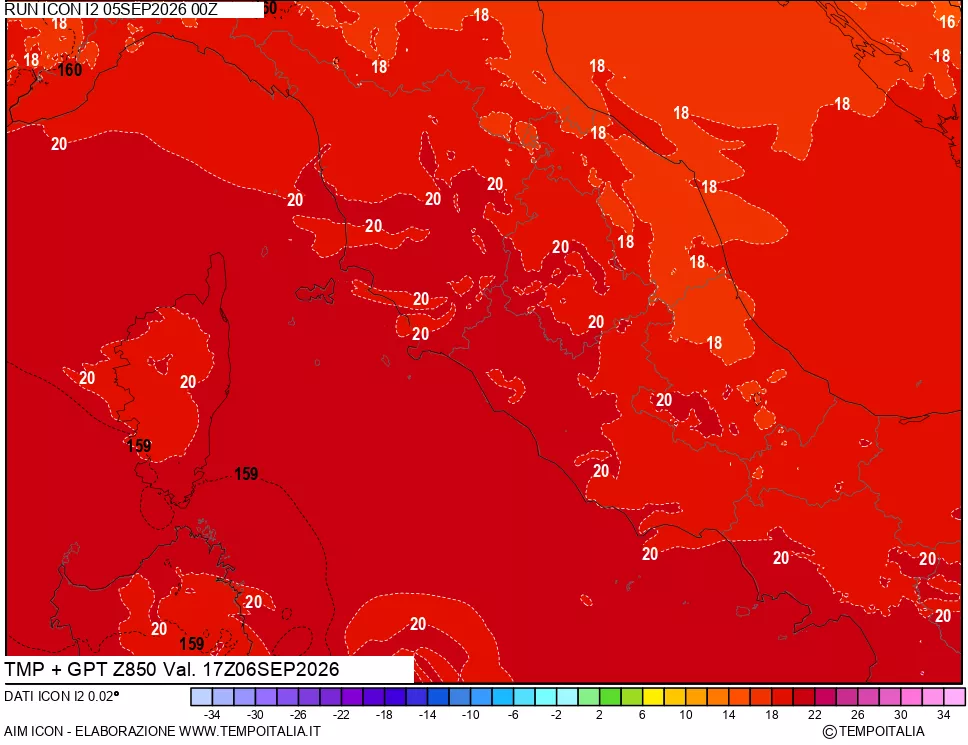 mappa 850 hPa Temp + GPT