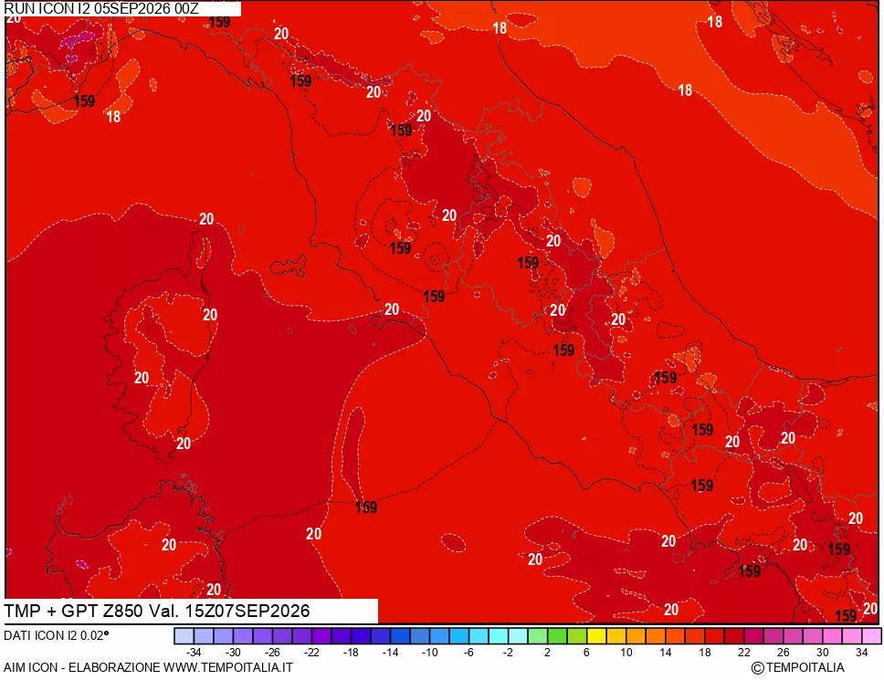 mappa 850 hPa Temp + GPT