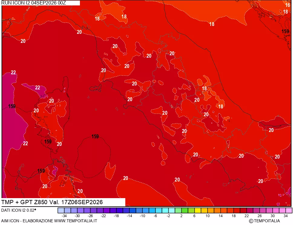mappa 850 hPa Temp + GPT