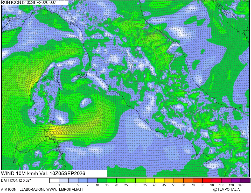 mappa 10 m Vento forza e direzione