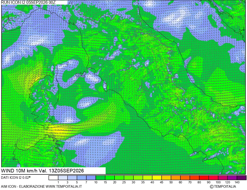 mappa 10 m Vento forza e direzione