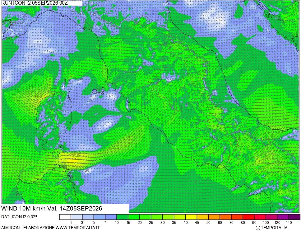 mappa 10 m Vento forza e direzione