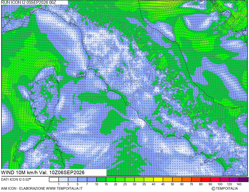 mappa 10 m Vento forza e direzione