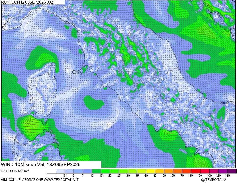 mappa 10 m Vento forza e direzione