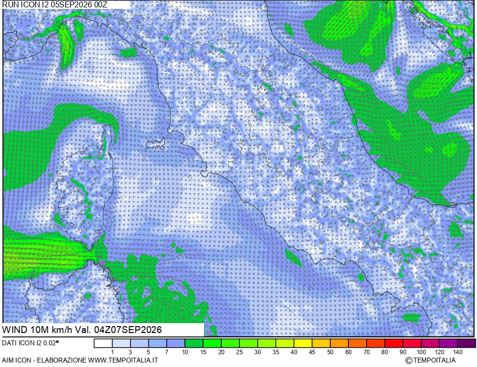 mappa 10 m Vento forza e direzione