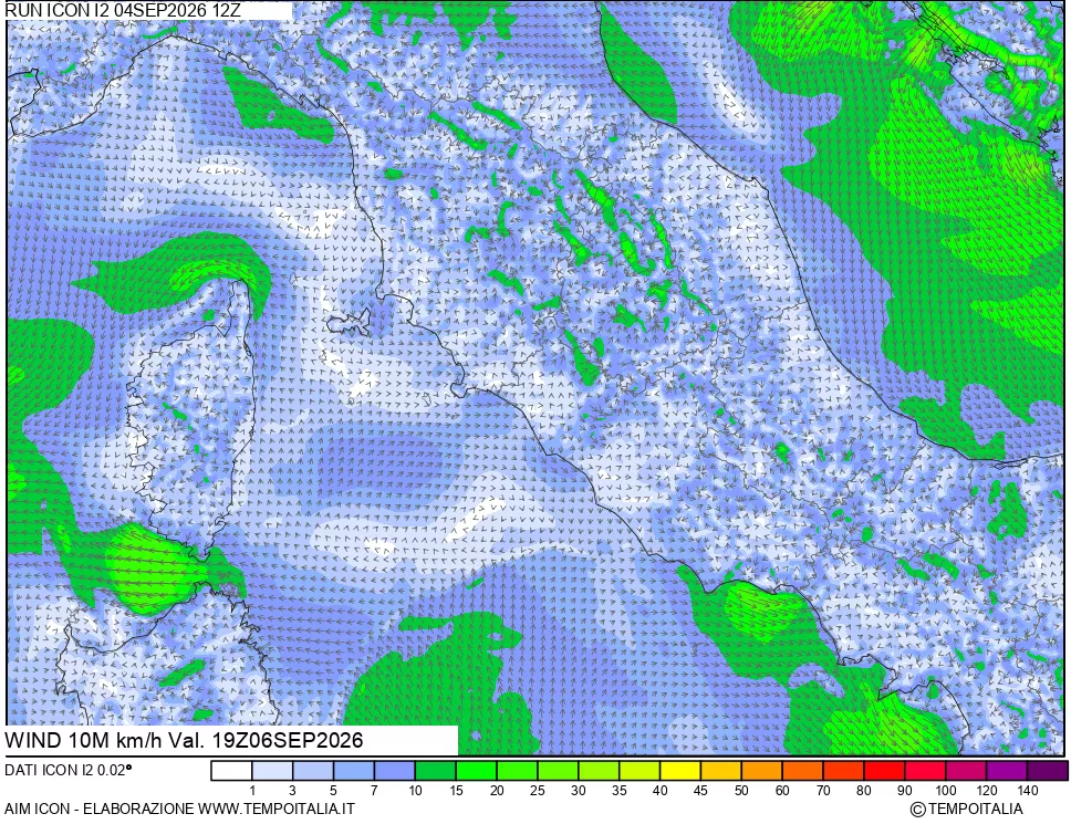 mappa 10 m Vento forza e direzione