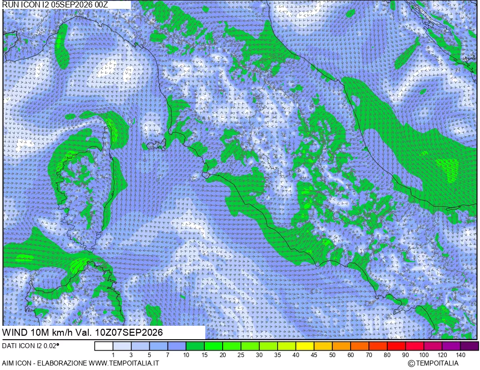 mappa 10 m Vento forza e direzione