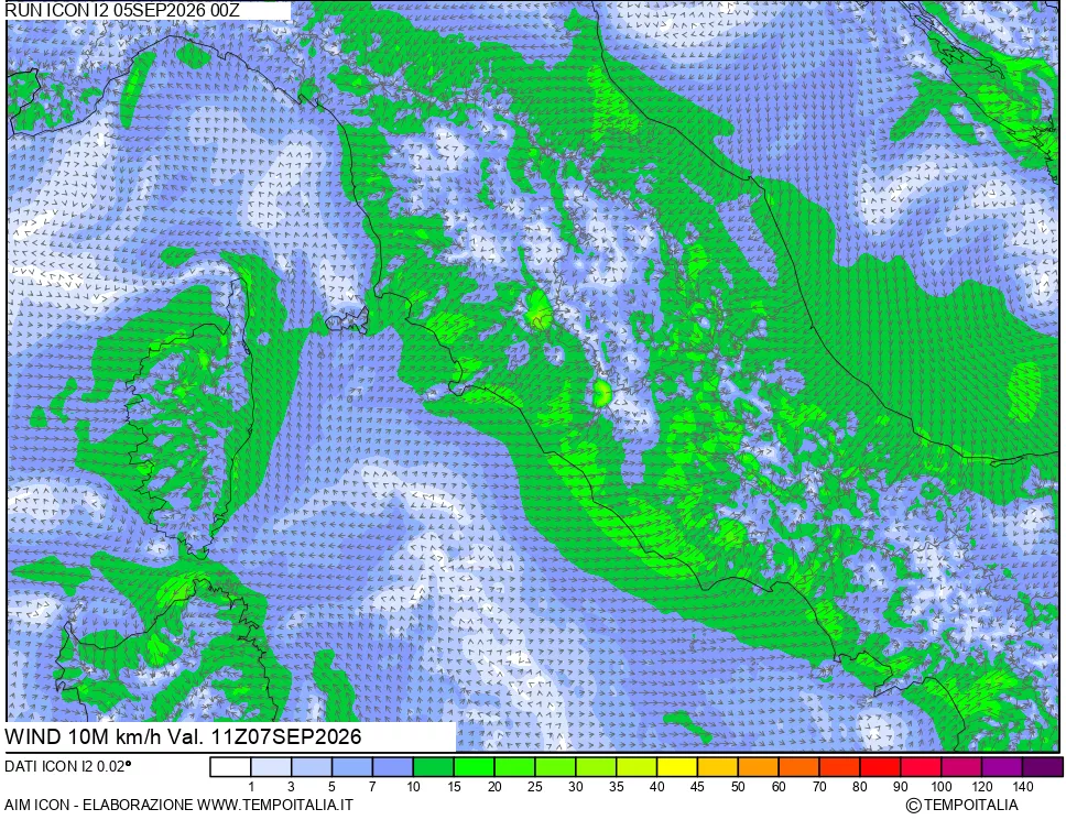 mappa 10 m Vento forza e direzione