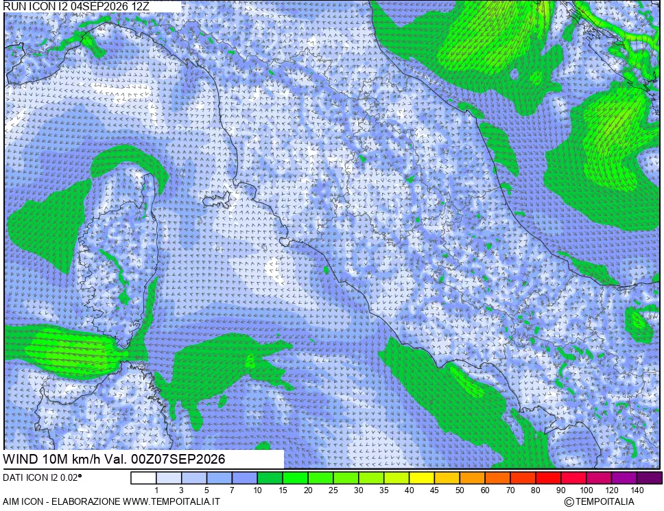 mappa 10 m Vento forza e direzione
