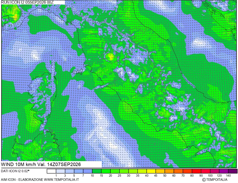 mappa 10 m Vento forza e direzione
