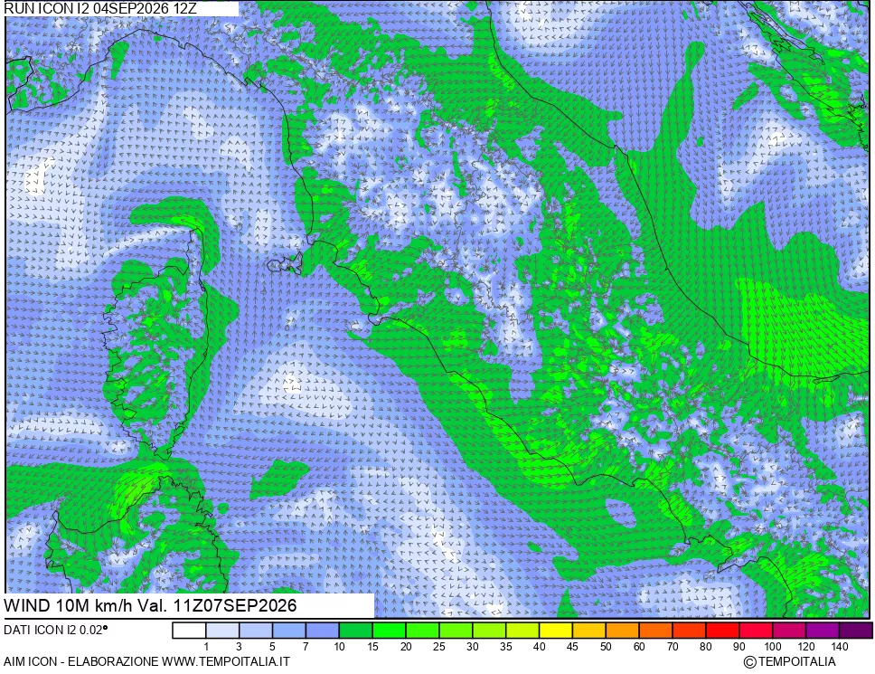 mappa 10 m Vento forza e direzione