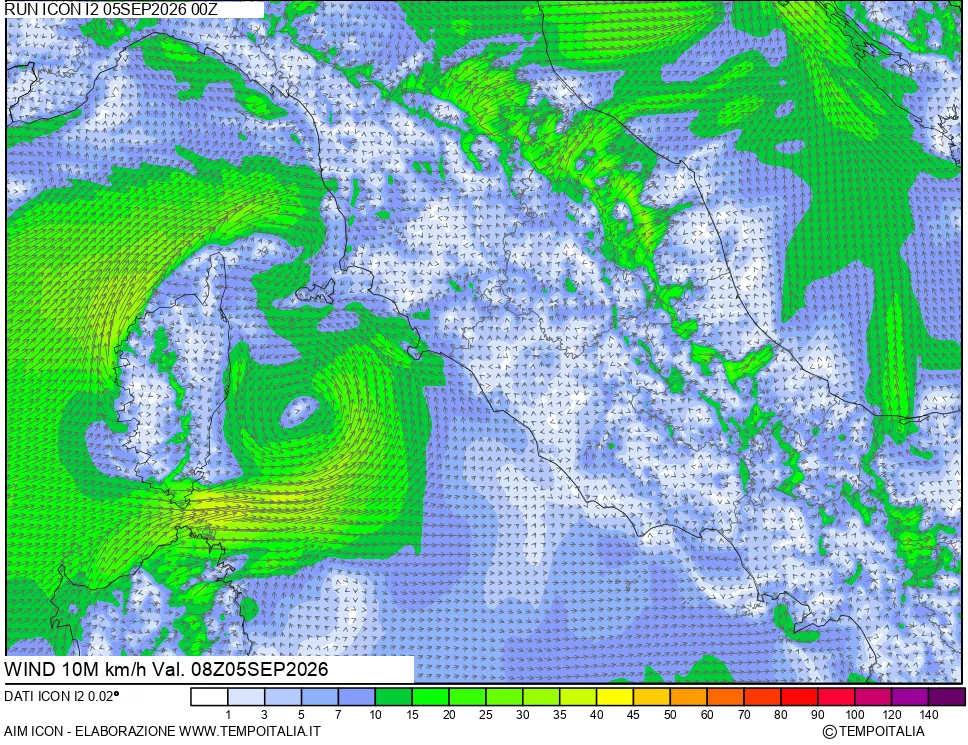 mappa 10 m Vento forza e direzione