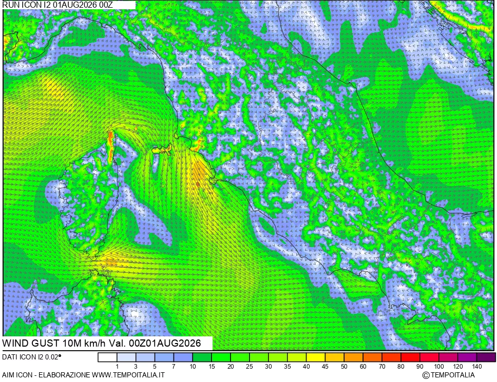 mappa 10 m Vento raffica massima