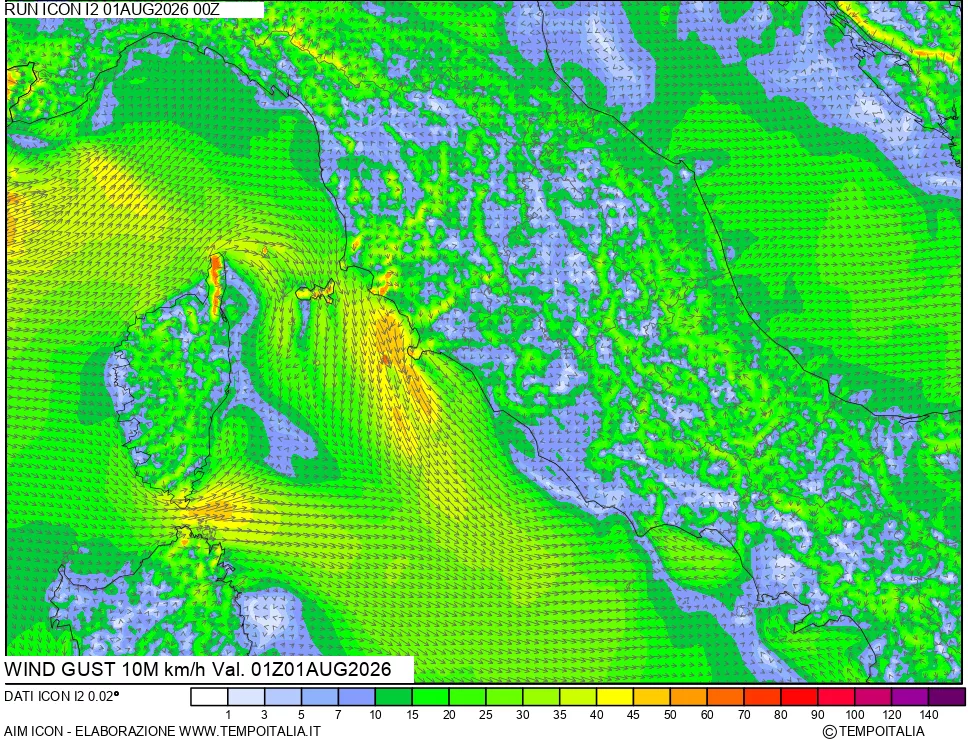 mappa 10 m Vento raffica massima