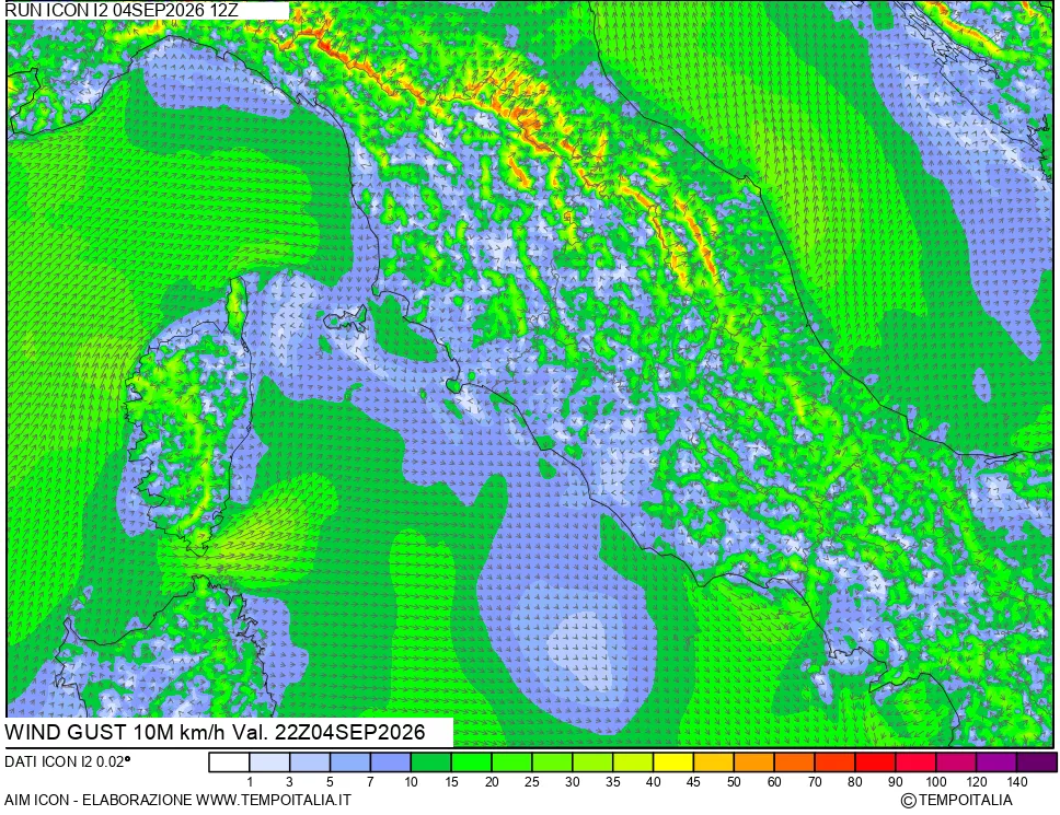 mappa 10 m Vento raffica massima