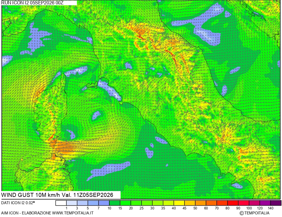 mappa 10 m Vento raffica massima