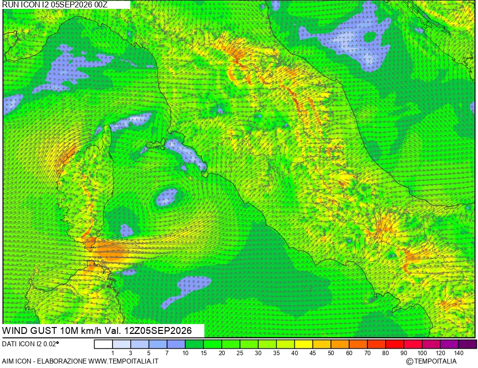 mappa 10 m Vento raffica massima