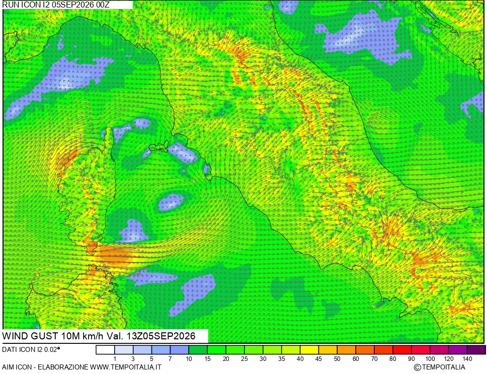 mappa 10 m Vento raffica massima