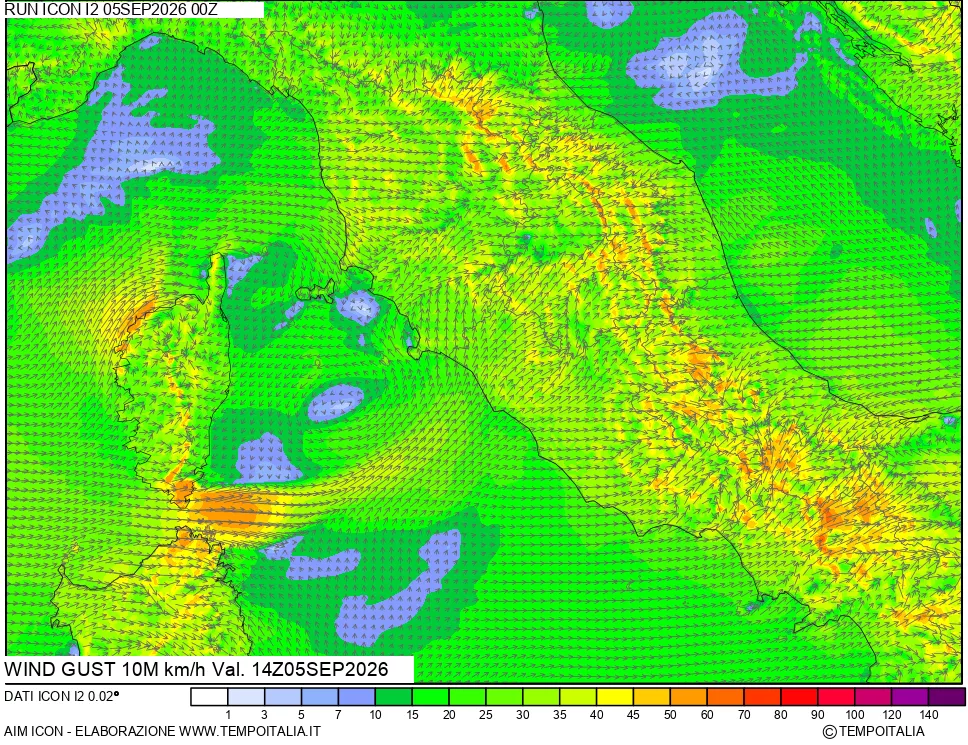 mappa 10 m Vento raffica massima