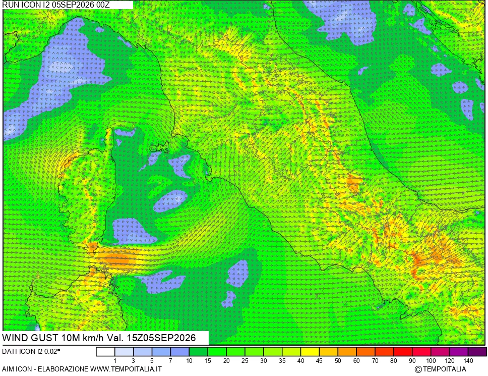 mappa 10 m Vento raffica massima