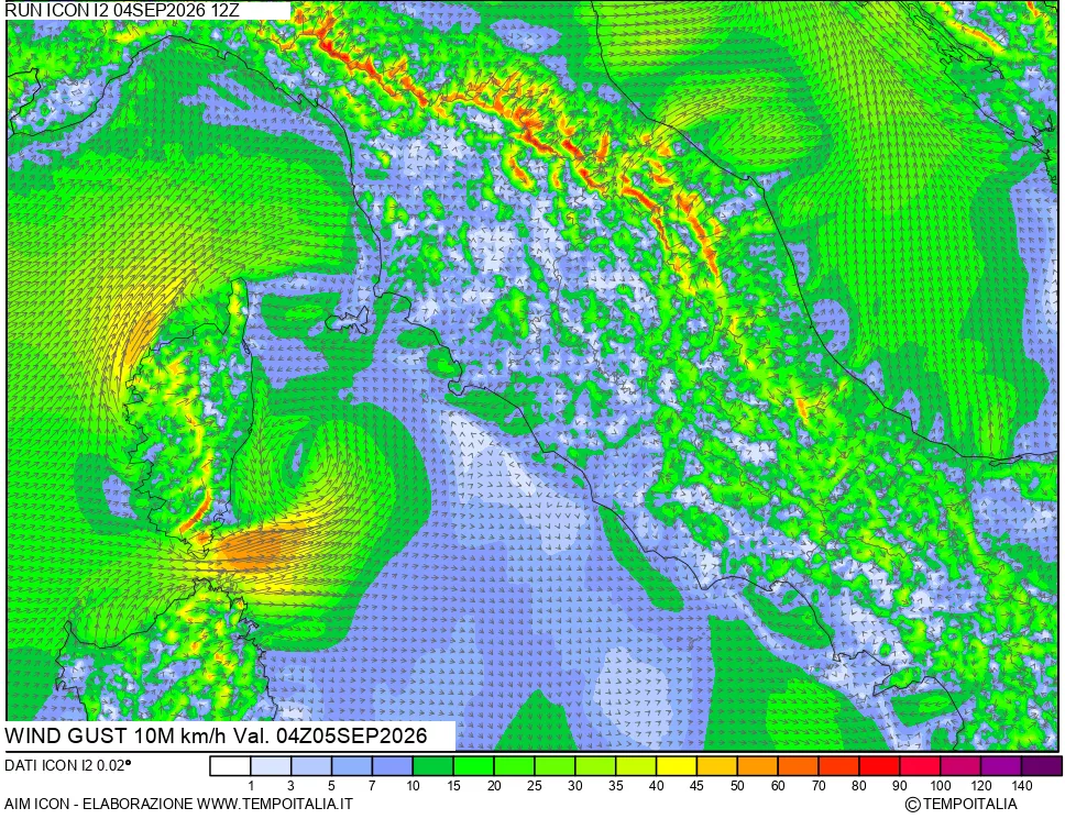 mappa 10 m Vento raffica massima