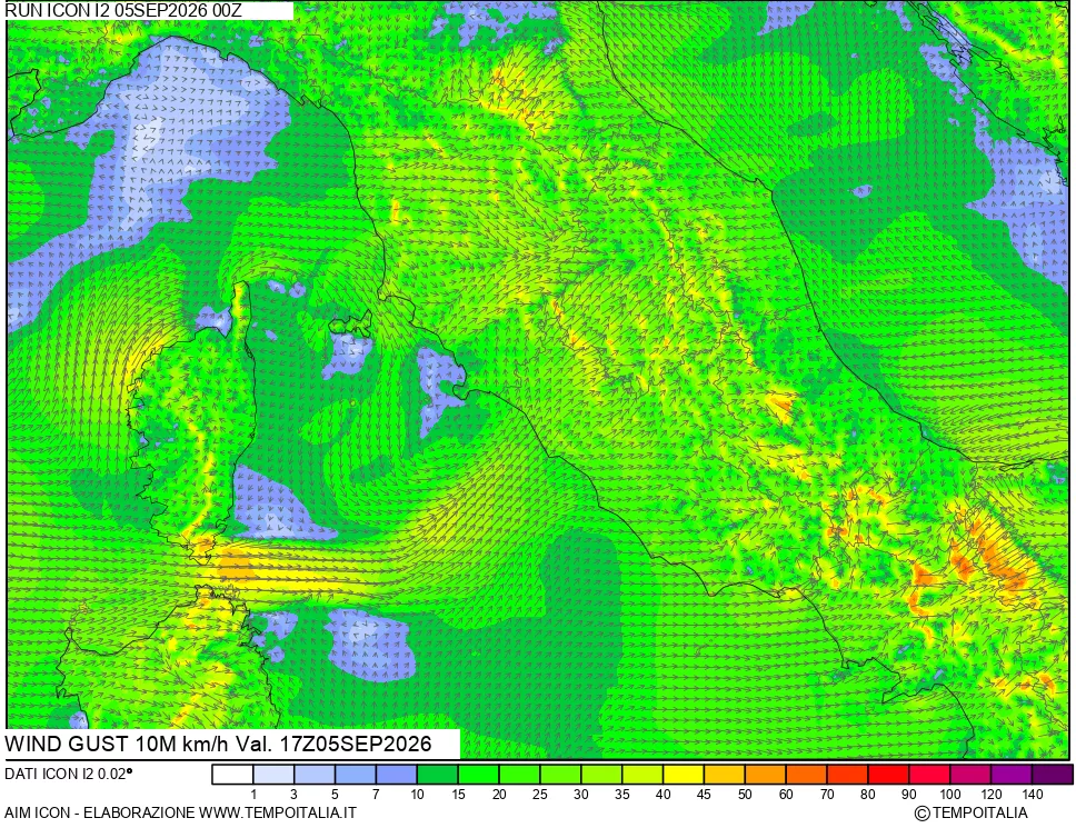 mappa 10 m Vento raffica massima