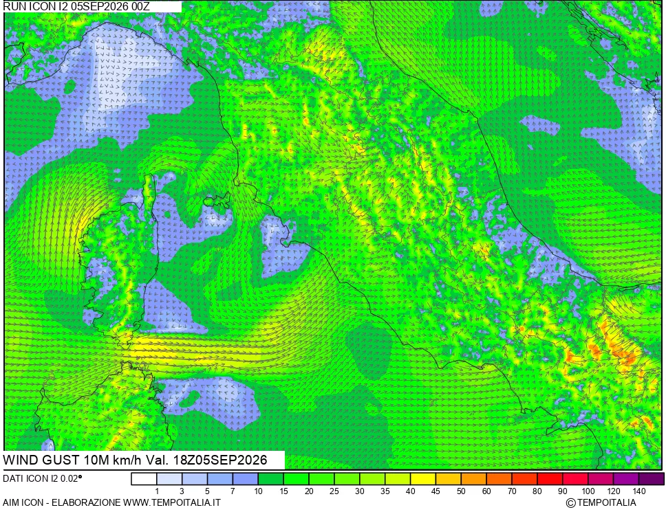 mappa 10 m Vento raffica massima
