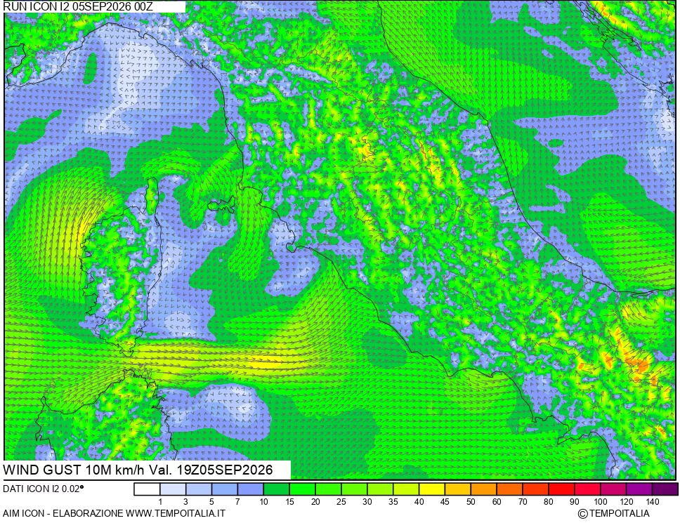 mappa 10 m Vento raffica massima
