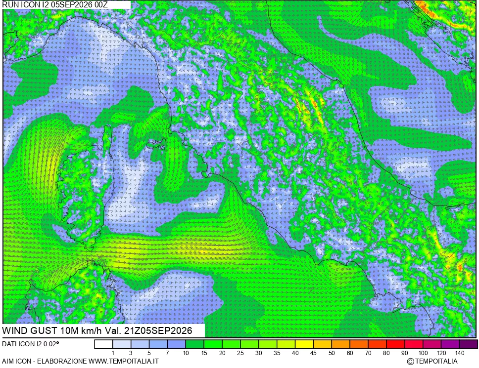 mappa 10 m Vento raffica massima