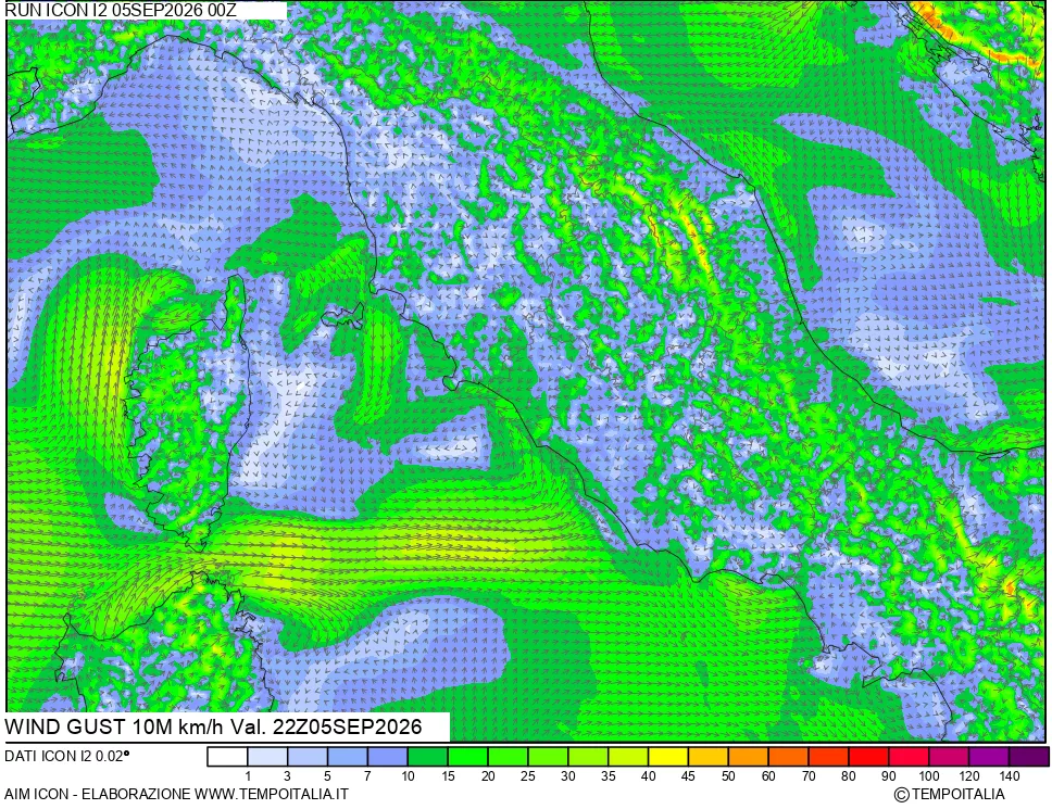 mappa 10 m Vento raffica massima