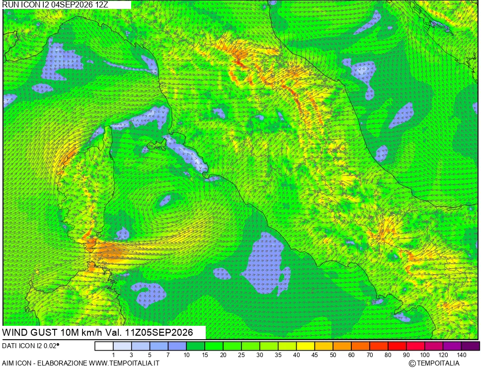 mappa 10 m Vento raffica massima