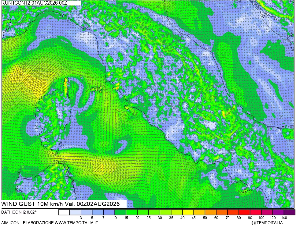 mappa 10 m Vento raffica massima