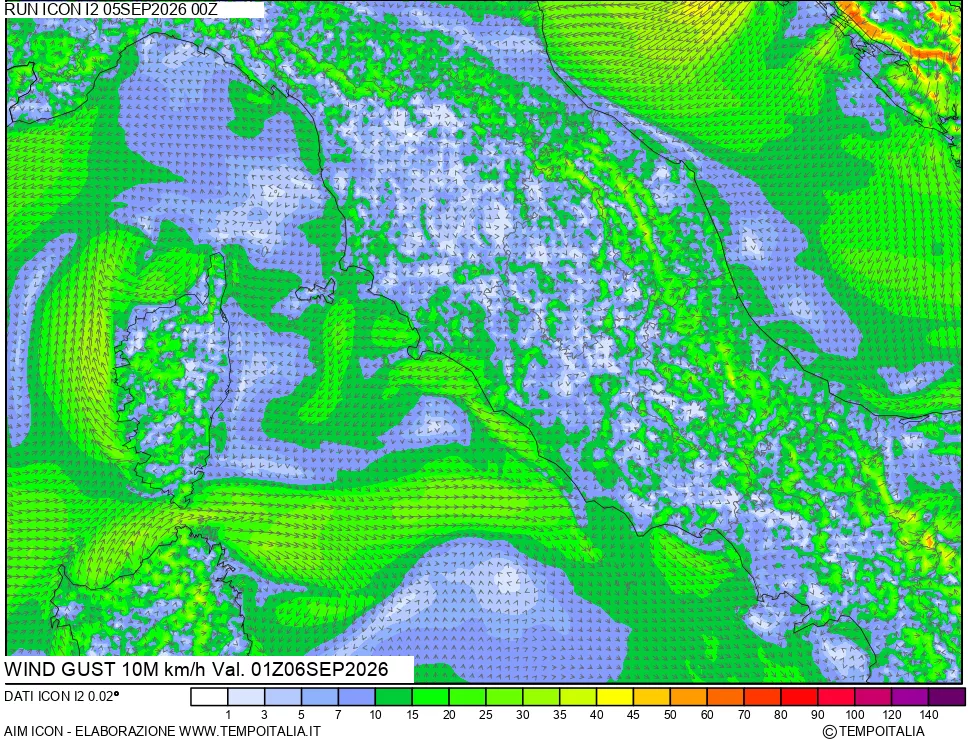 mappa 10 m Vento raffica massima