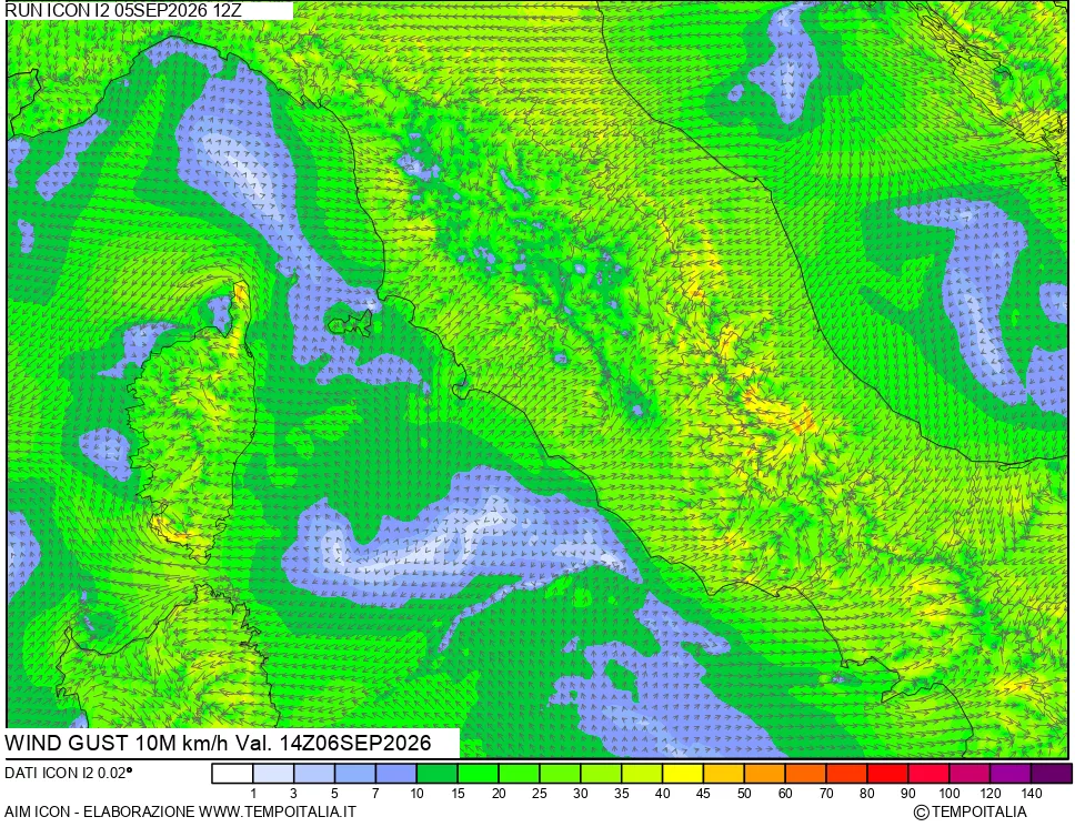 mappa 10 m Vento raffica massima