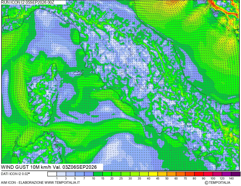 mappa 10 m Vento raffica massima