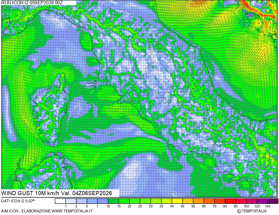 mappa 10 m Vento raffica massima