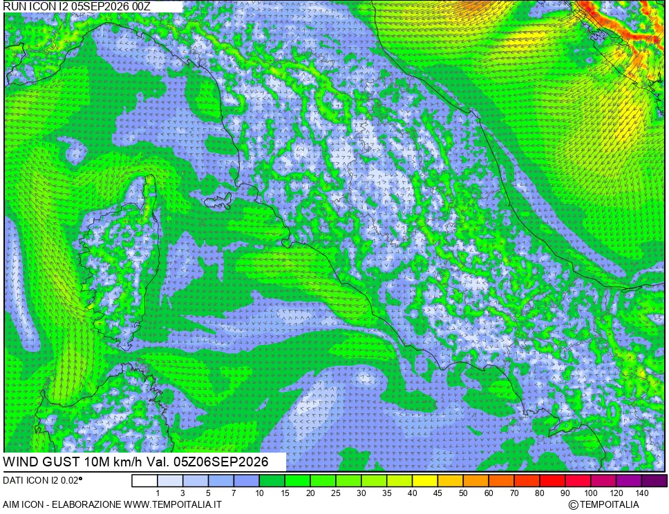 mappa 10 m Vento raffica massima