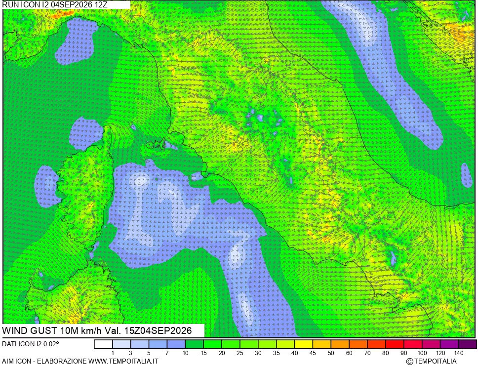 mappa 10 m Vento raffica massima