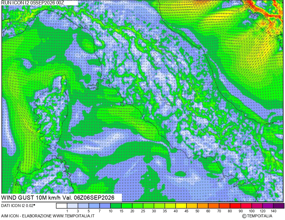 mappa 10 m Vento raffica massima