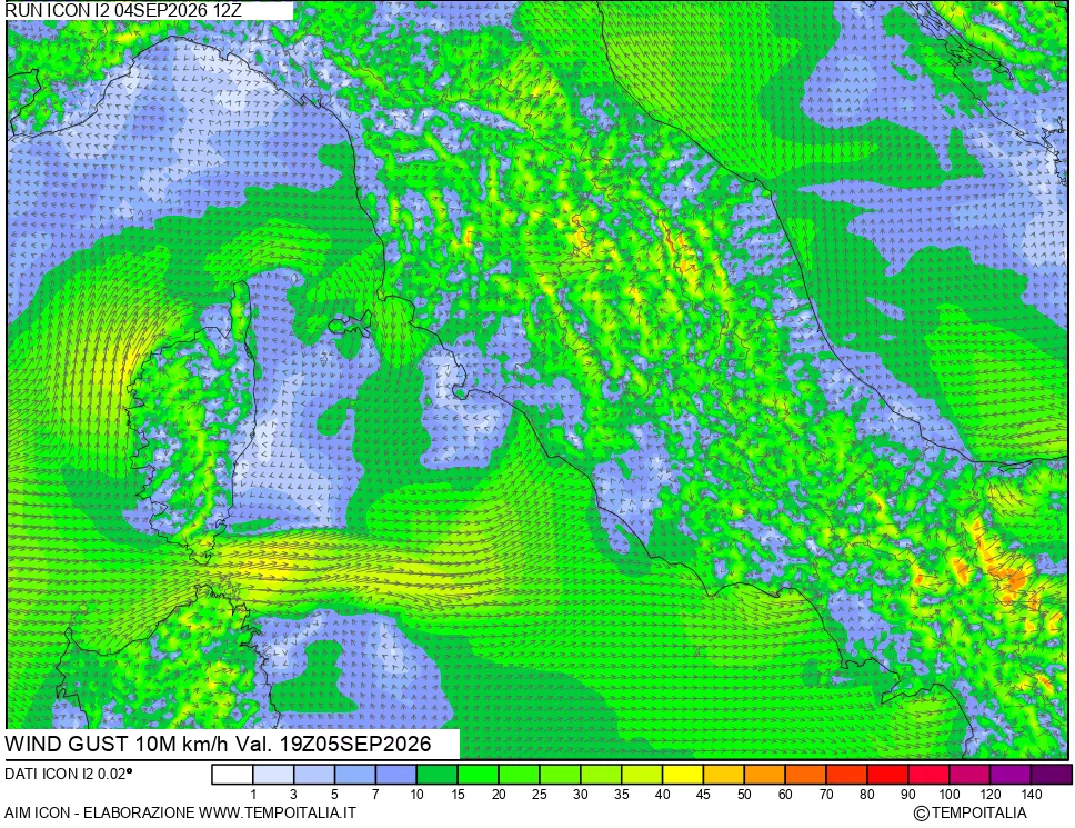 mappa 10 m Vento raffica massima